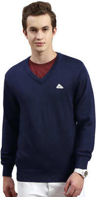 MONTE CARLO Solid V Neck Casual Men Blue Sweater
