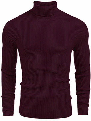 HouseOfCommon Solid High Neck Casual Men Maroon Sweater