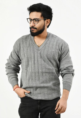 manra Self Design V Neck Casual Men Grey Sweater
