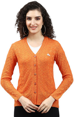 MONTE CARLO Self Design V Neck Casual Women Orange Sweater