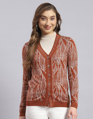 MONTE CARLO Printed V Neck Casual Women Brown Sweater