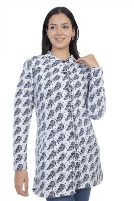 Harjot Printed Mandarin Neck Casual Women Black, White Sweater