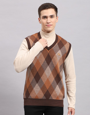 MONTE CARLO Argyle V Neck Casual Men Brown Sweater