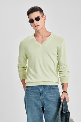 Snitch Solid V Neck Casual Men Light Green Sweater