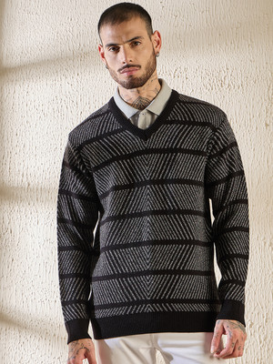 Pivl Printed V Neck Casual Men Black Sweater