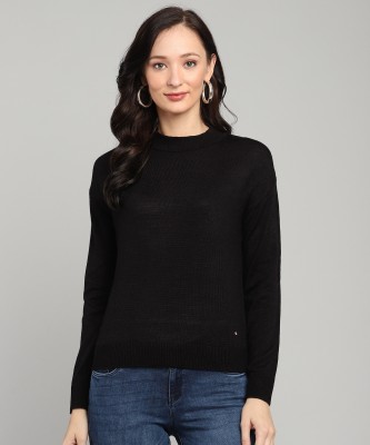 NUMERO UNO Solid Crew Neck Casual Women Black Sweater