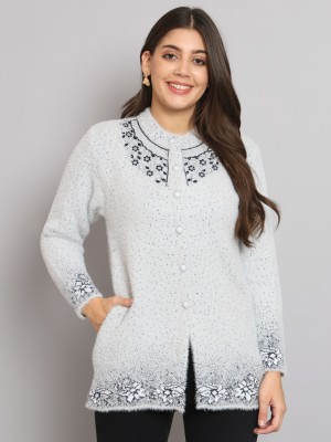 eWools Floral Print Collared Neck Casual Women Grey Sweater