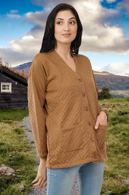 jorden4u Solid, Self Design V Neck Casual Women Beige Sweater