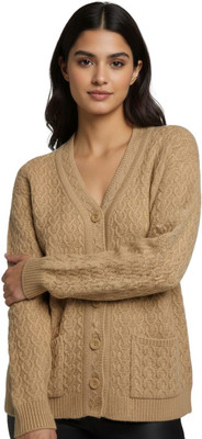 nageshwar Self Design V Neck Casual Women Gold Sweater