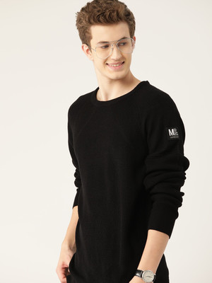 Mast & Harbour Solid Round Neck Casual Men Black Sweater