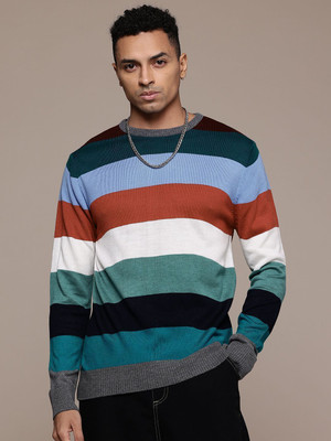 Roadster Striped Round Neck Casual Men Red Sweater