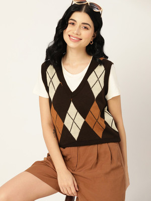 4WRD by Dressberry Printed V Neck Casual Women Brown Sweater