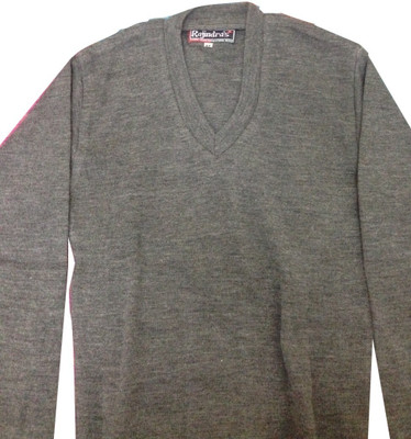 Rajindras Solid, Self Design V Neck Casual Men Grey Sweater
