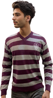 FORWARDS Striped Round Neck Casual Men Grey Sweater