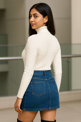 SKG Herringbone High Neck Casual Women White Sweater