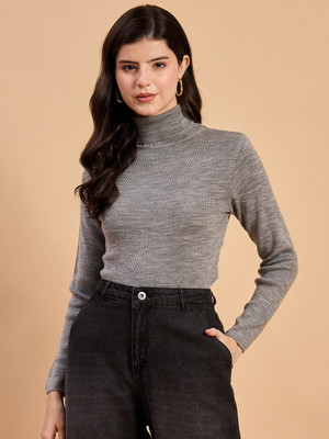 RVK Self Design High Neck Casual Women Grey Sweater
