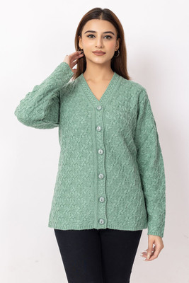Dodge Self Design V Neck Casual Women Green Sweater