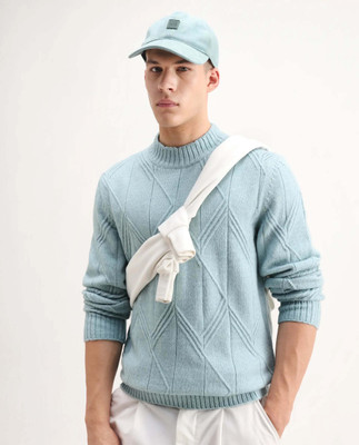 RARE RABBIT Self Design High Neck Casual Men Blue Sweater