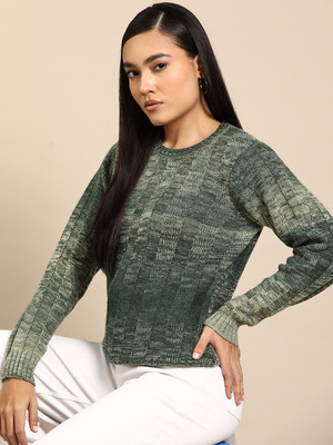 all about you Solid Round Neck Casual Women Green Sweater