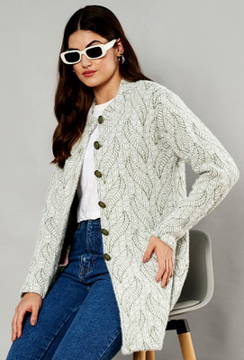 eWools Printed Mandarin Neck Casual Women Green Sweater