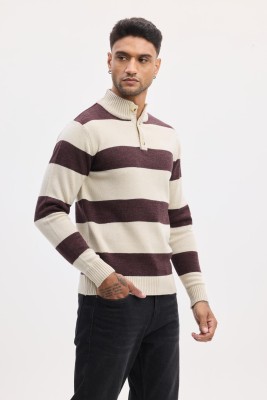 Snitch Striped High Neck Casual Men Brown Sweater