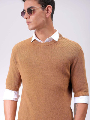 The Indian Garage Co. Self Design Crew Neck Casual Men Beige Sweater