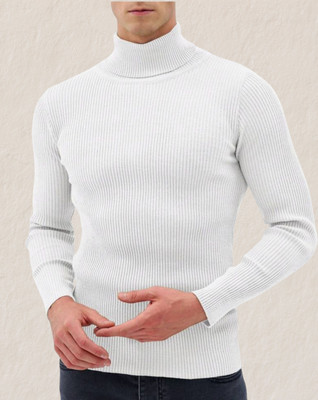 HouseOfCommon Self Design High Neck Casual Men White Sweater