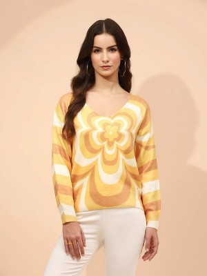 GLOBAL REPUBLIC Printed V Neck Casual Women Yellow Sweater