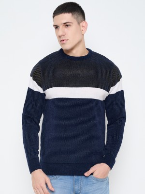 DUKE Colorblock Round Neck Casual Men Blue Sweater