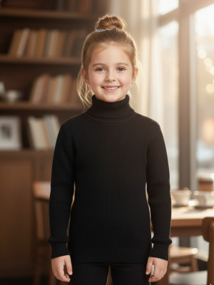 salvia Solid High Neck Casual Baby Girls Black Sweater
