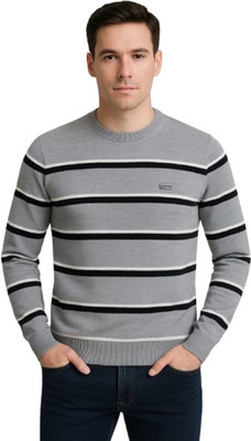 METRONAUT Striped Round Neck Casual Men Grey Sweater