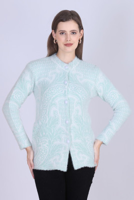 Barstow Woven, Self Design Round Neck Casual Women Green, White Sweater
