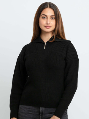 Status Quo Self Design Collared Neck Casual Women Black Sweater