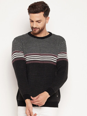DUKE Striped Round Neck Casual Men Black Sweater