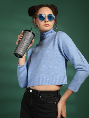 CHEMISTRY Solid High Neck Casual Women Blue Sweater