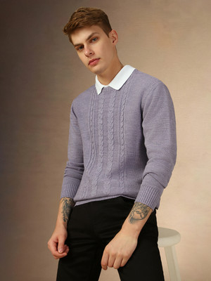 Dennis Lingo Self Design Round Neck Casual Men Purple Sweater