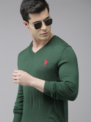 U.S. POLO ASSN. Solid V Neck Casual Men Green Sweater