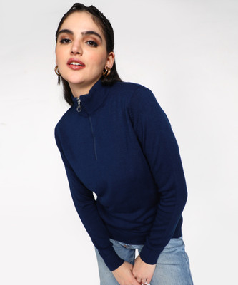 NUMERO UNO Solid High Neck Casual Women Blue Sweater