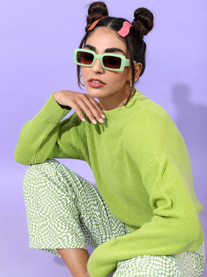 Tokyo Talkies Solid High Neck Casual Women Green Sweater