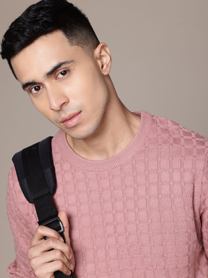 Roadster Self Design Round Neck Casual Men Pink Sweater