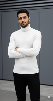 Zeffit Solid Turtle Neck Casual Men White Sweater