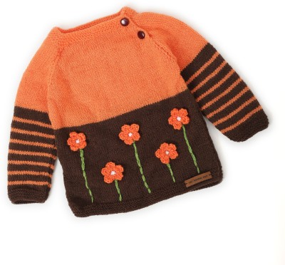 The Original Knit Self Design Round Neck Casual Baby Boys & Baby Girls Orange, Brown Sweater