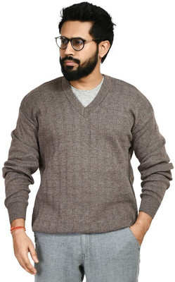 manra Self Design V Neck Casual Men Brown Sweater