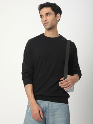 R&B Solid Round Neck Casual Men Black Sweater
