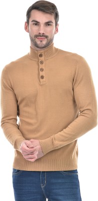 NUMERO UNO Solid High Neck Casual Men Beige Sweater