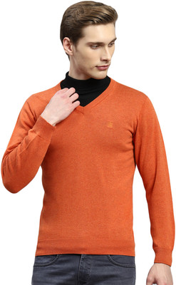 MONTE CARLO Solid V Neck Casual Men Maroon Sweater