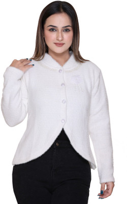 FASHSTORE Self Design V Neck Casual Women White Sweater