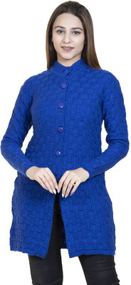 Dartline Self Design Collared Neck Casual Women Blue Sweater