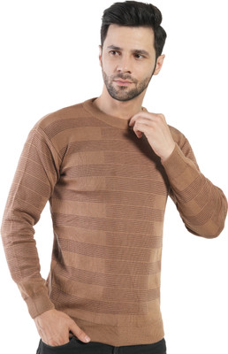 manra Self Design Round Neck Casual Men Beige Sweater
