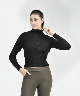 CRIMSOUNE CLUB Solid Turtle Neck Casual Women Black Sweater